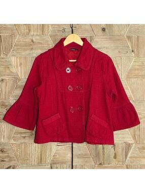 Ambition Red Textured Button-Up Jacket Women's Large 3/4 Bell Sleeve Twee Retro